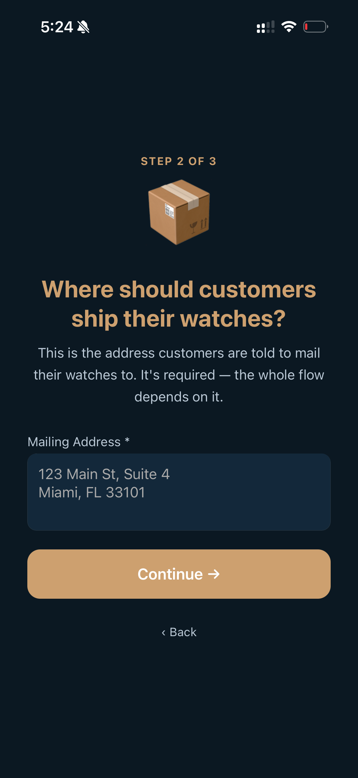 Step 2. Required, because every "send me your watch" message the app writes will quote this address.