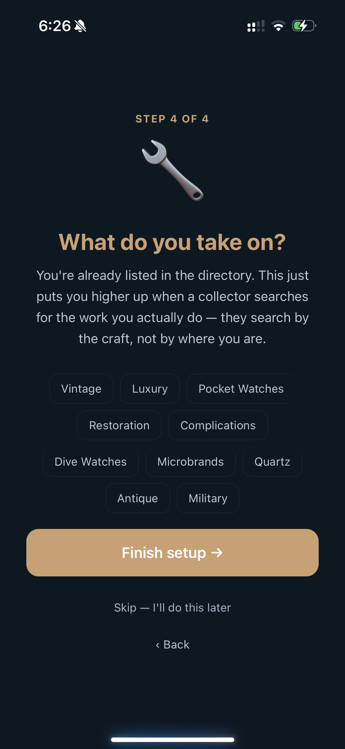 Step 4. Tick everything you genuinely take on — and nothing you don't. You can change these any time from Settings → Edit Directory Listing.